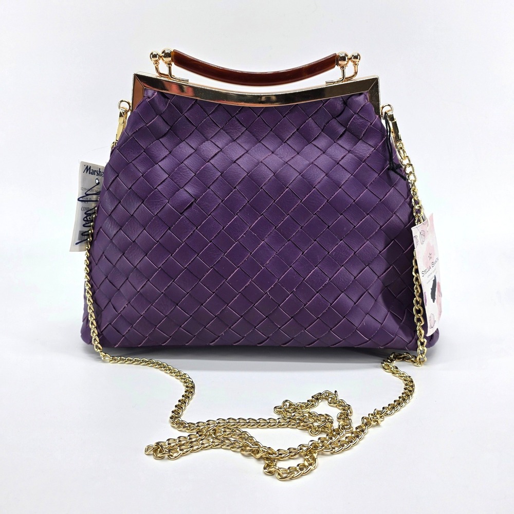 Stella Bianca Aubergine Purple Woven Leather Bag Chain Kiss Lock Made in Italy